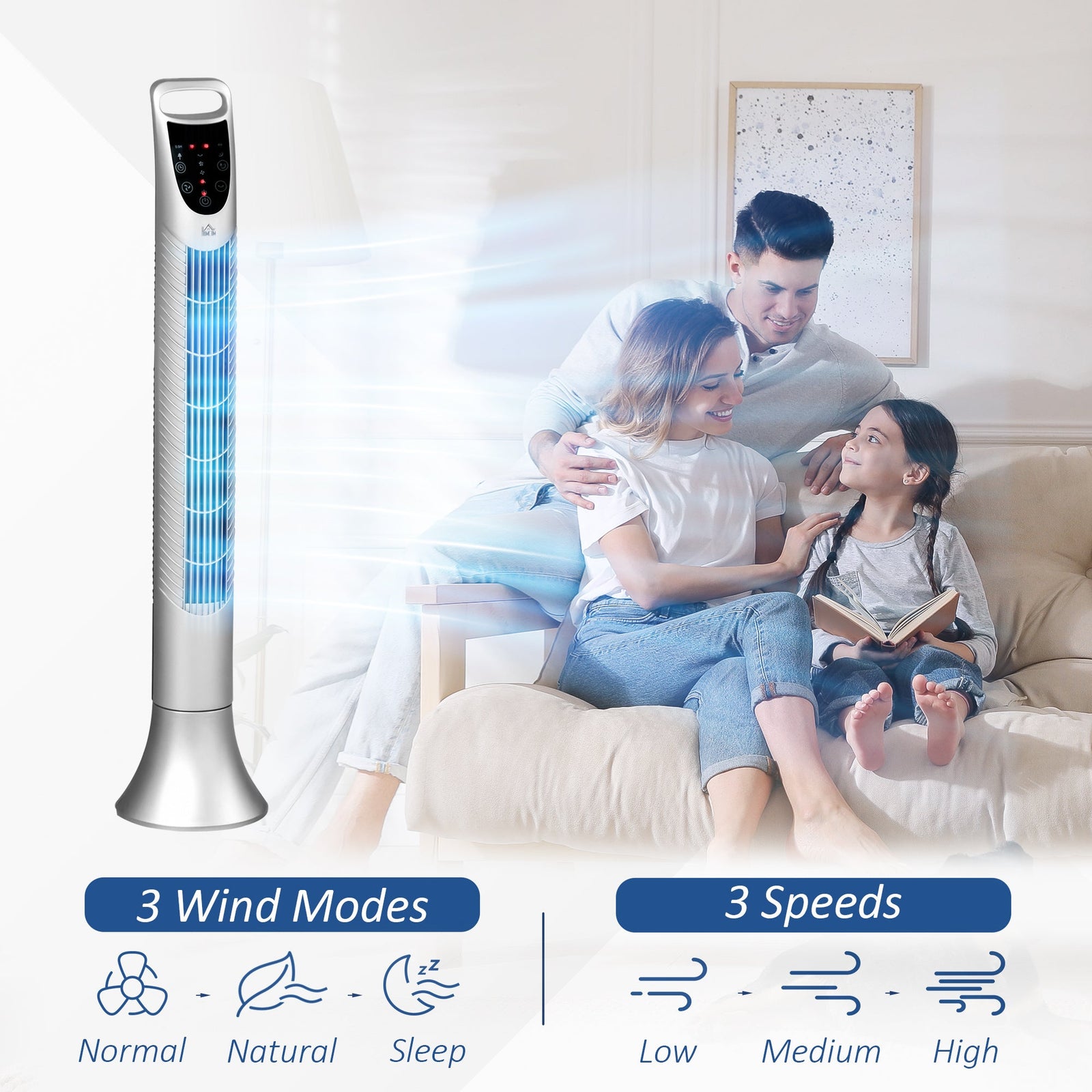HOMCOM 36'' Freestanding Tower Fan, 3 Speed 3 Mode, 7.5h Timer, 70 Degree Oscillation, LED Panel, 5M Remote Controller, Silver