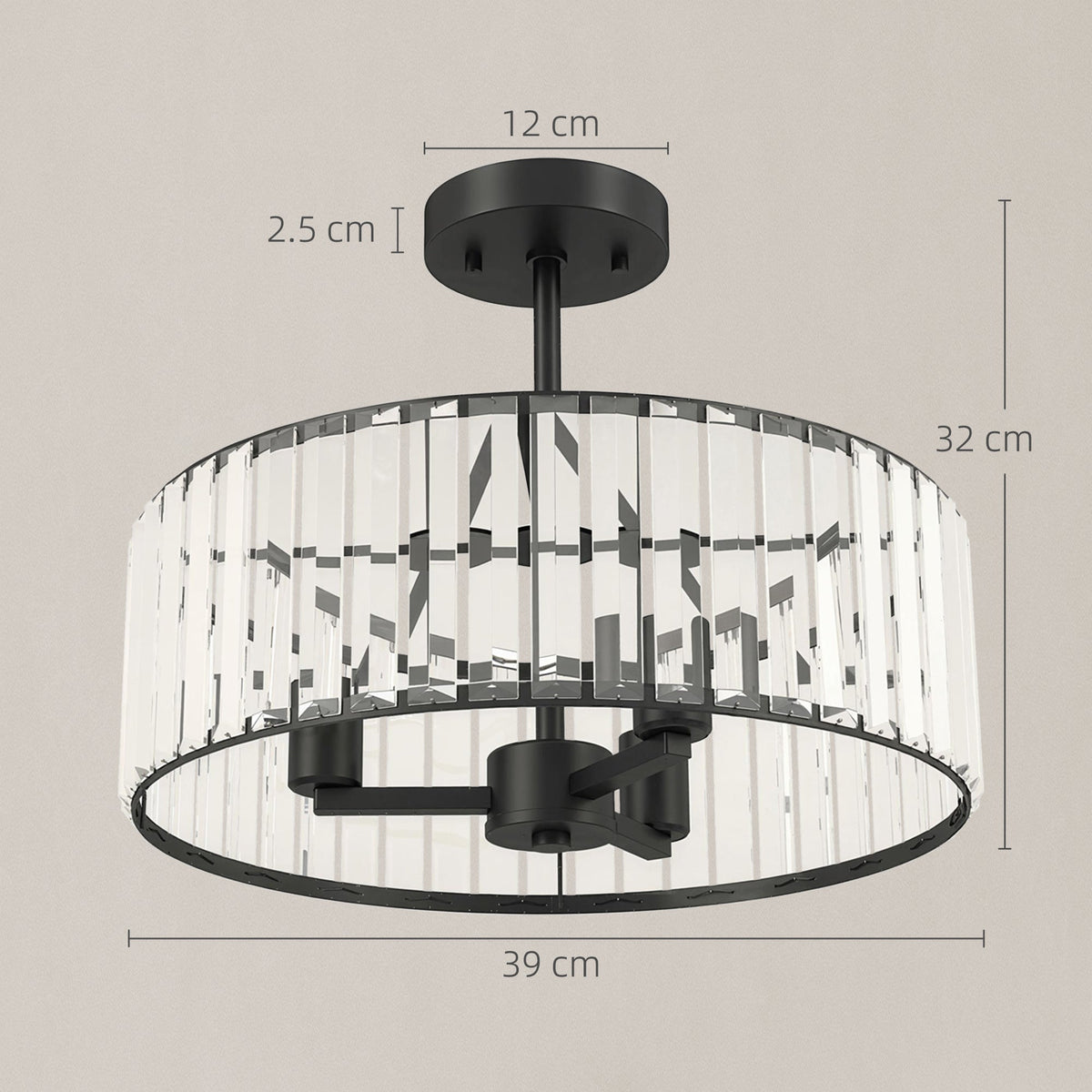 HOMCOM Crystal Ceiling Light, Semi Flush Mount Modern Crystal Chandelier Ceiling Light, E14 Base 3-Lights, Bulbs Not Included