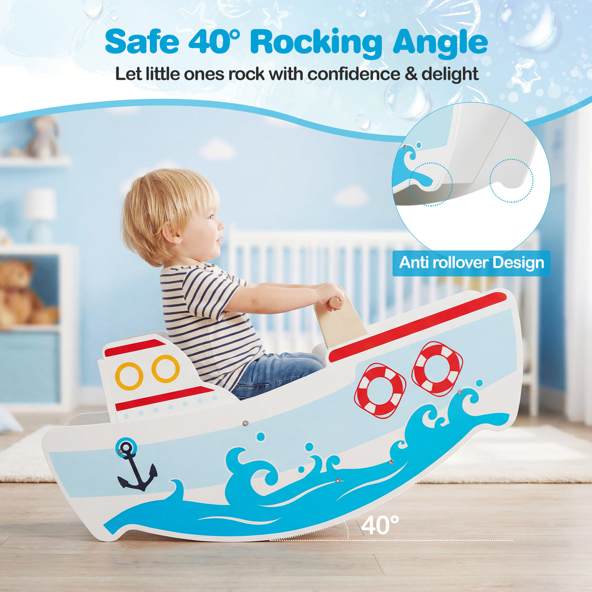 Rocking Ship for 1-5 Years Old Kids Wooden Rocking Horse Toy with Nautical Theme