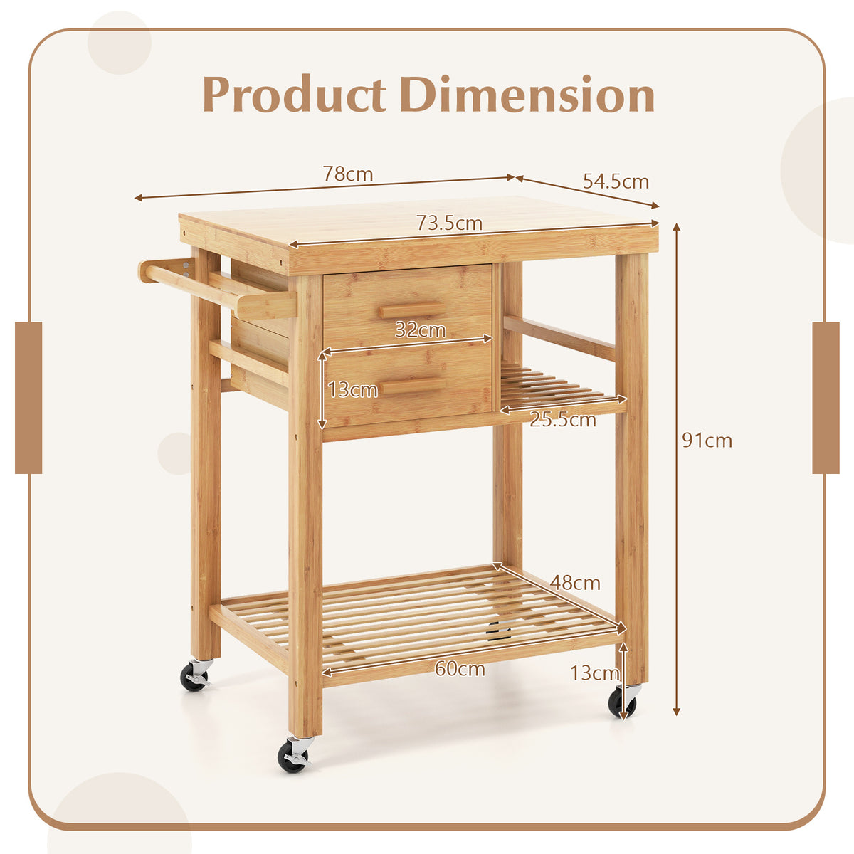 Rolling Bamboo Kitchen Island Cart with Drawers and Shelves