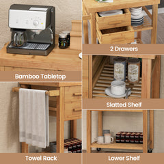 Rolling Bamboo Kitchen Island Cart with Drawers and Shelves