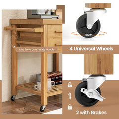 Rolling Bamboo Kitchen Island Cart with Drawers and Shelves