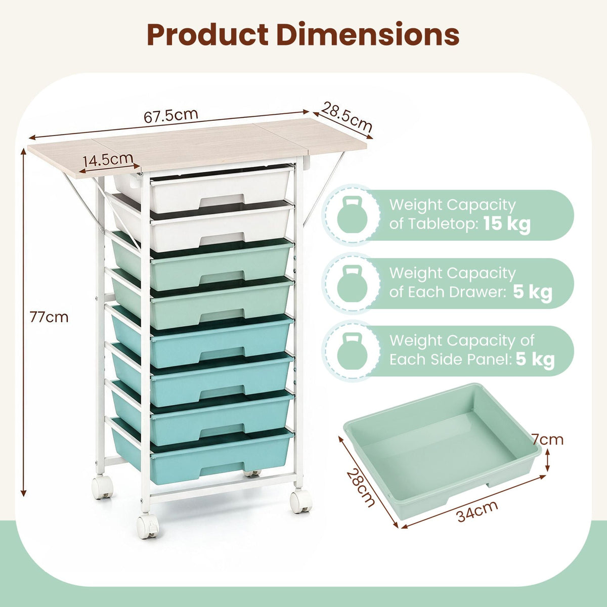 Rolling Cart with 8 Drawers and Foldable Side Panels for Dorm-Green