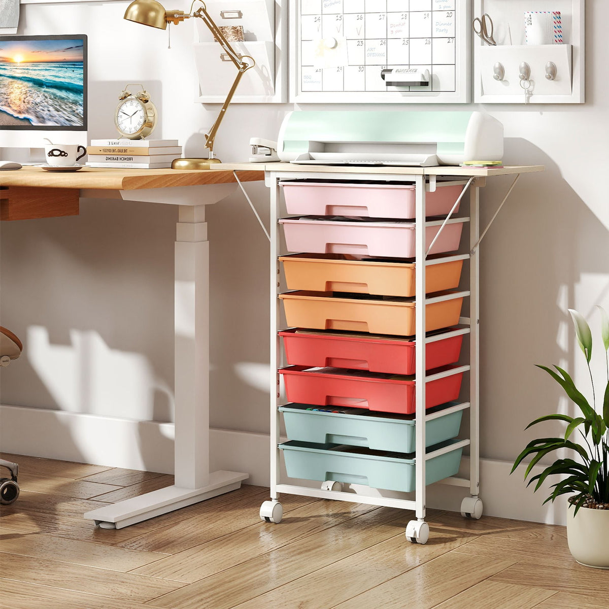 Rolling Cart with 8 Drawers and Foldable Side Panels for Dorm-Macaron
