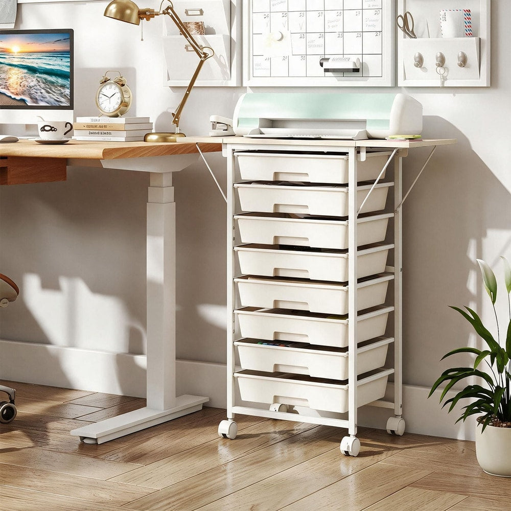 Rolling Cart with 8 Drawers and Foldable Side Panels for Dorm-White