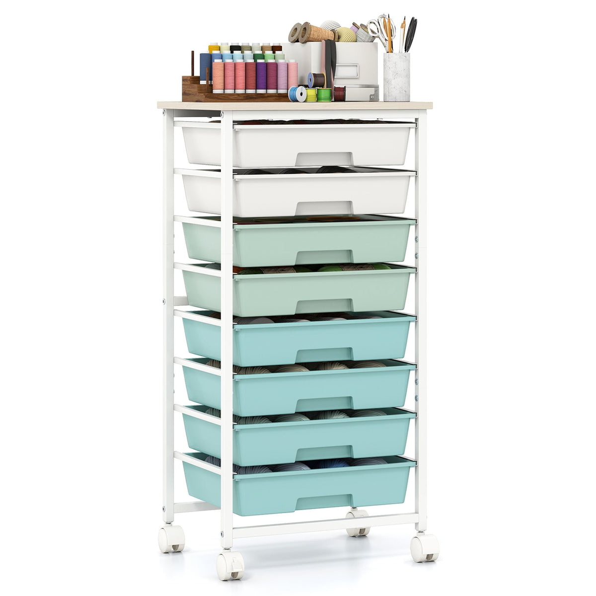 Rolling Cart with 8 Drawers and Lockable Wheels for Dorm-Green
