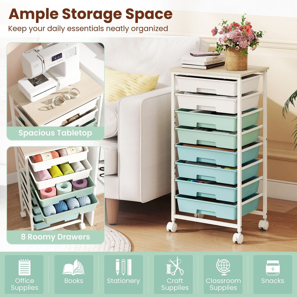 Rolling Cart with 8 Drawers and Lockable Wheels for Dorm-Green