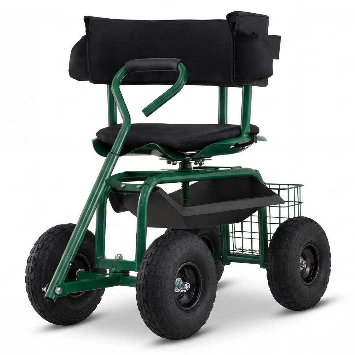 Rolling Garden Work Seat with Wheels Swivel Seat and Extendable Handle-Green