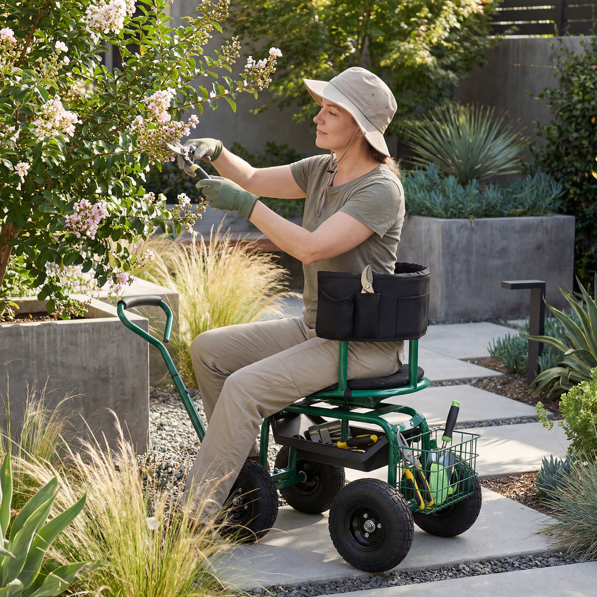 Rolling Garden Work Seat with Wheels Swivel Seat and Extendable Handle-Green