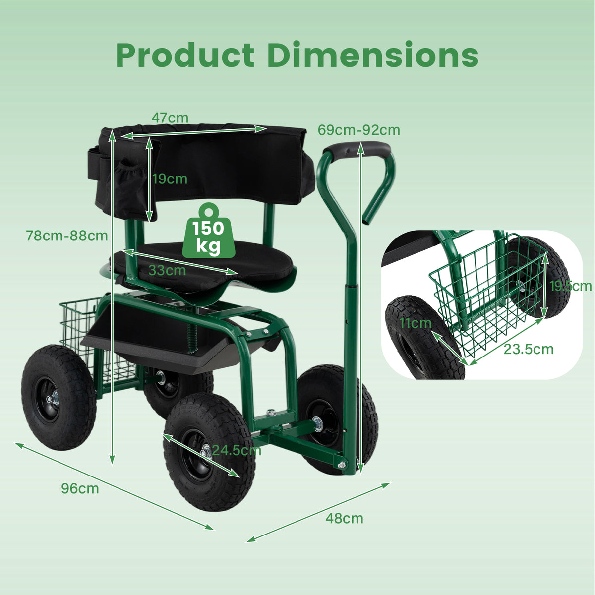 Rolling Garden Work Seat with Wheels Swivel Seat and Extendable Handle-Green
