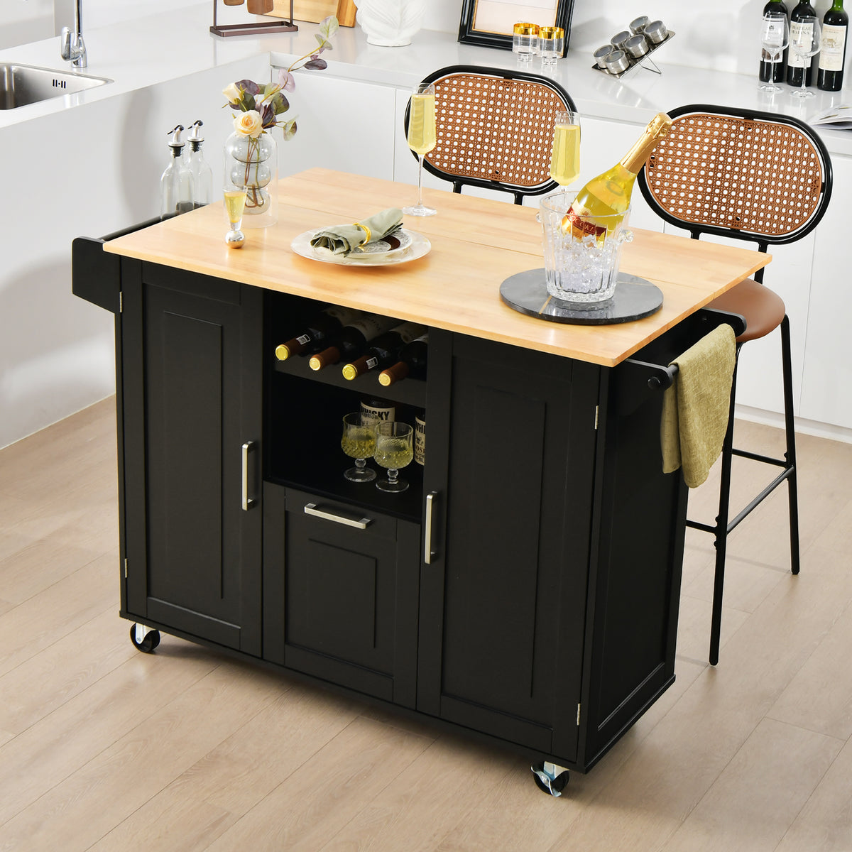 Rolling Kitchen Island Cart with Drop-Leaf Countertop-Black
