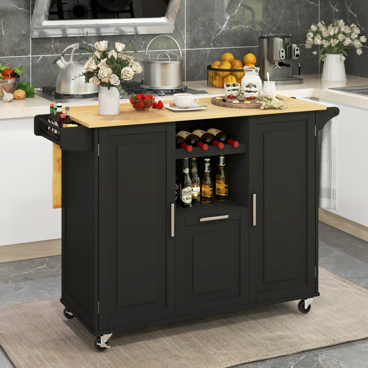 Rolling Kitchen Island Cart with Drop-Leaf Countertop-Black