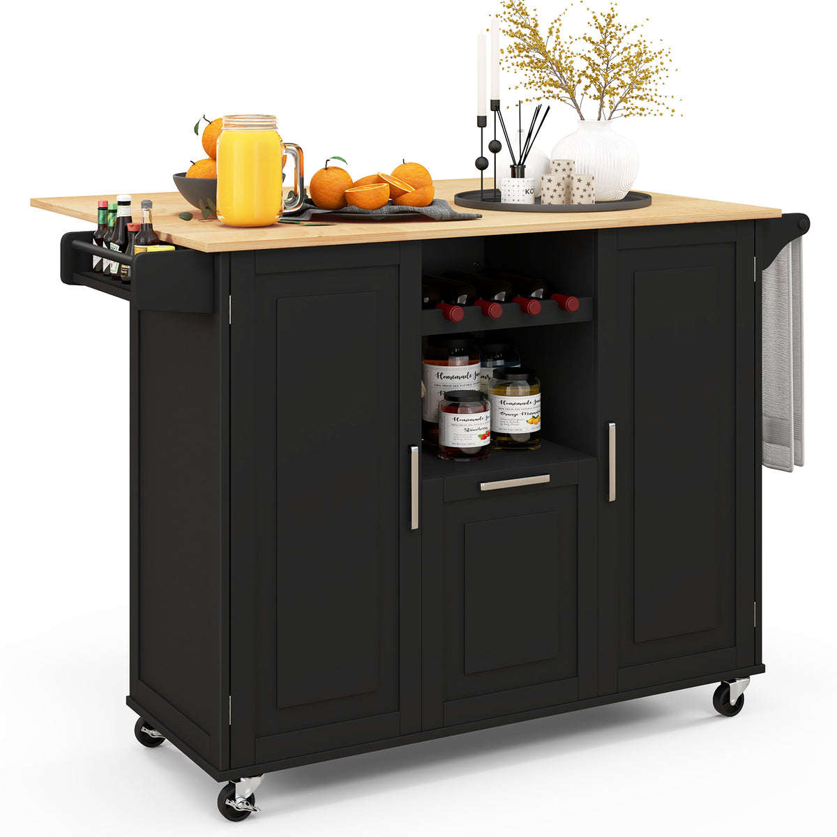 Rolling Kitchen Island Cart with Drop-Leaf Countertop-Black