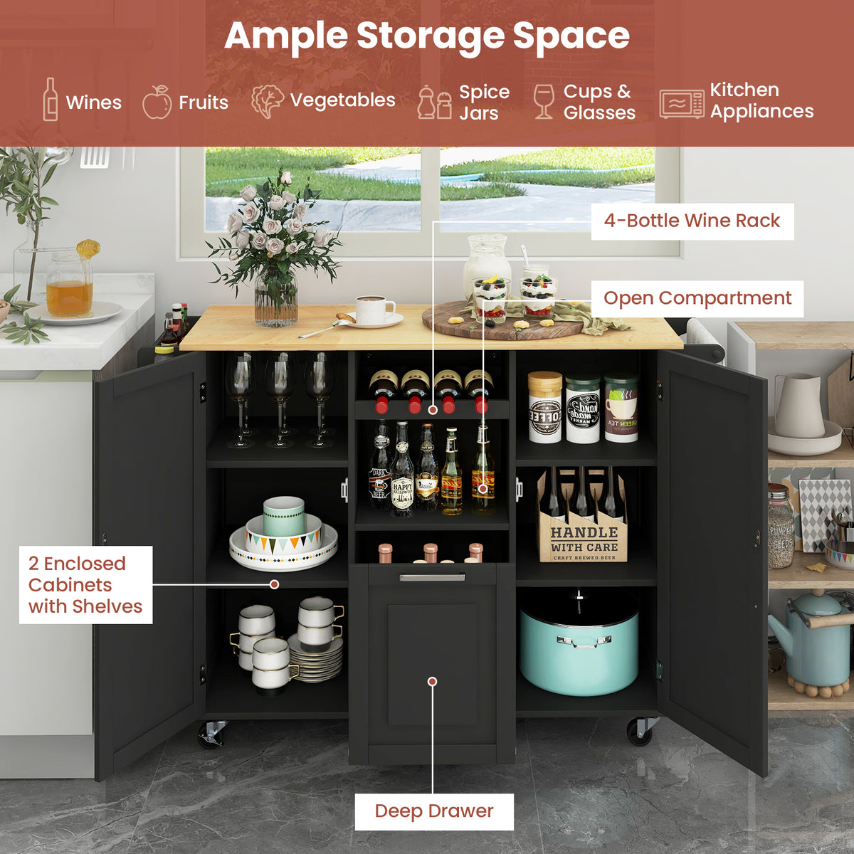 Rolling Kitchen Island Cart with Drop-Leaf Countertop-Black