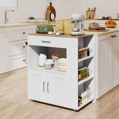 Rolling Kitchen Island with Built-in Charging Station and Lockable Wheels-Natural & White