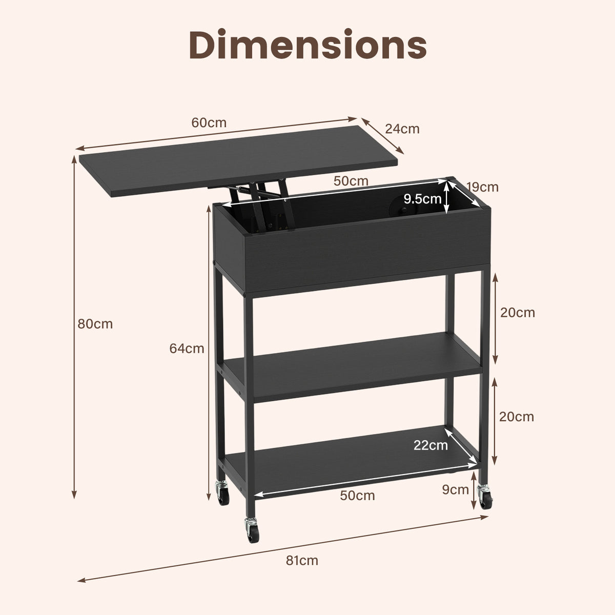 Rolling Lift Top End Table with Charging Station & Hidden Compartment for Living Room-Black