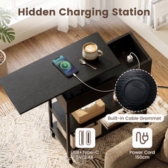 Rolling Lift Top End Table with Charging Station & Hidden Compartment for Living Room-Black