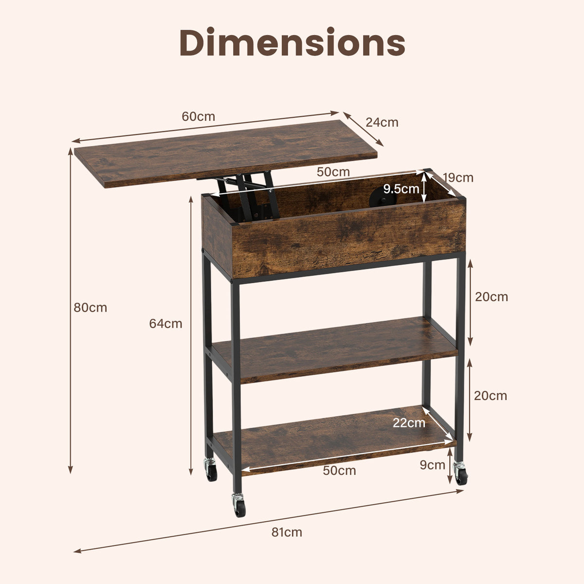 Rolling Lift Top End Table with Charging Station & Hidden Compartment for Living Room-Rustic Brown