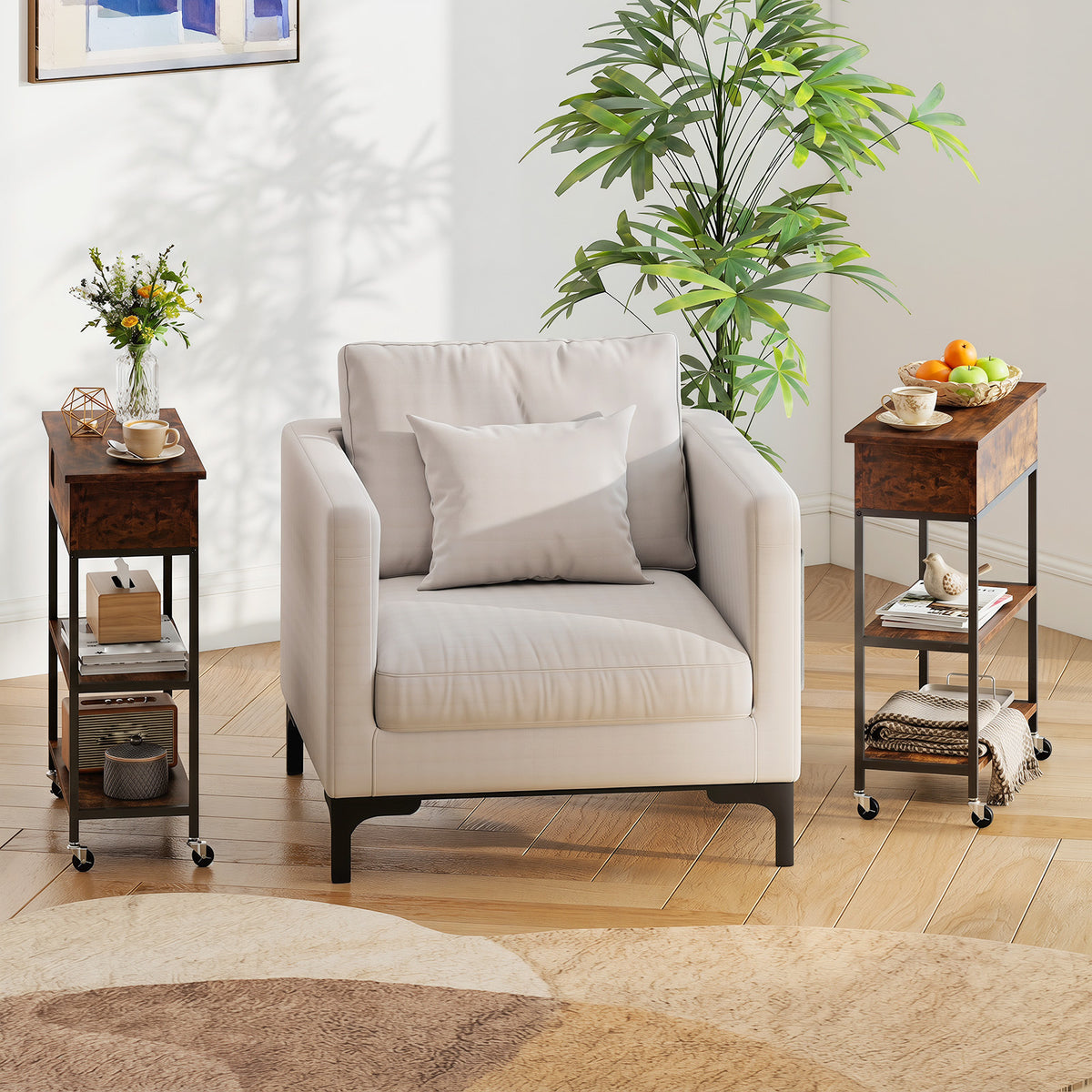 Rolling Lift Top End Table with Charging Station & Hidden Compartment for Living Room-Rustic Brown