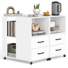 Set of two white nightstands with drawers and shelves, styled with books and decor