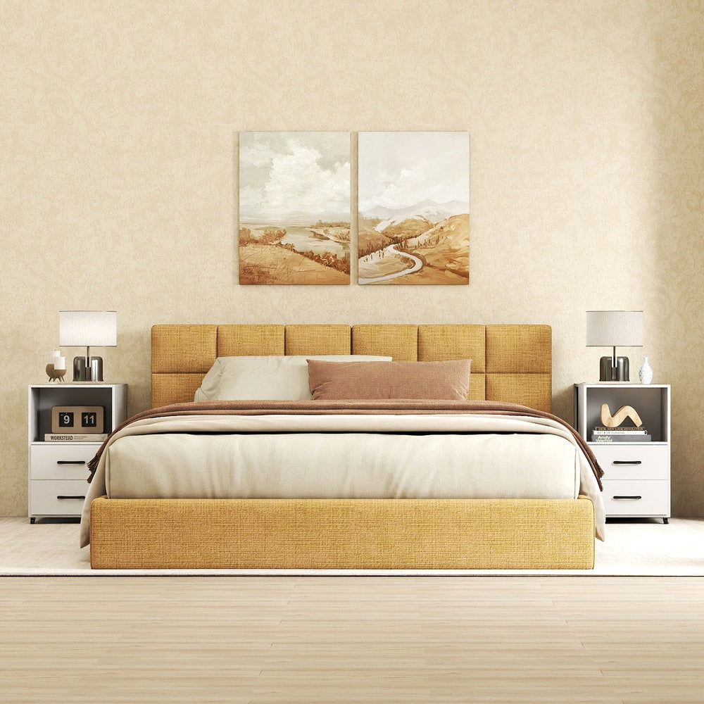 Two white nightstands flanking a bed in a bedroom setting