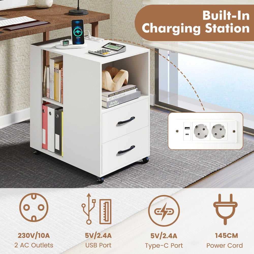 Close up of the charging station on the white nightstand with USB and power outlets