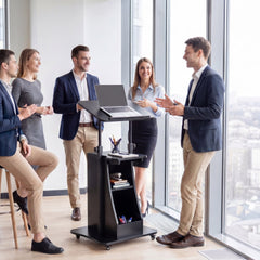 Rolling Podium Stand with Tilting Tabletop and Storage Shelves for Office-Black