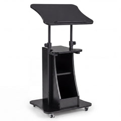 Rolling Podium Stand with Tilting Tabletop and Storage Shelves for Office-Black