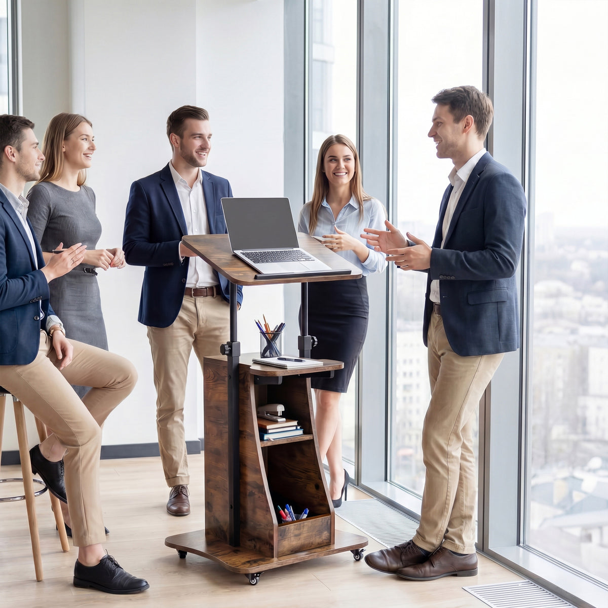 Rolling Podium Stand with Tilting Tabletop and Storage Shelves for Office-Rustic Brown