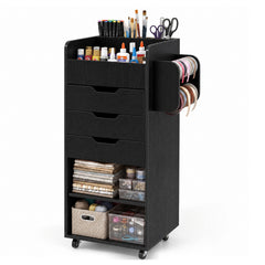 Rolling Storage Cart with 3 Drawers & 2 Shelves and Dowel Rods for Kitchen-Black