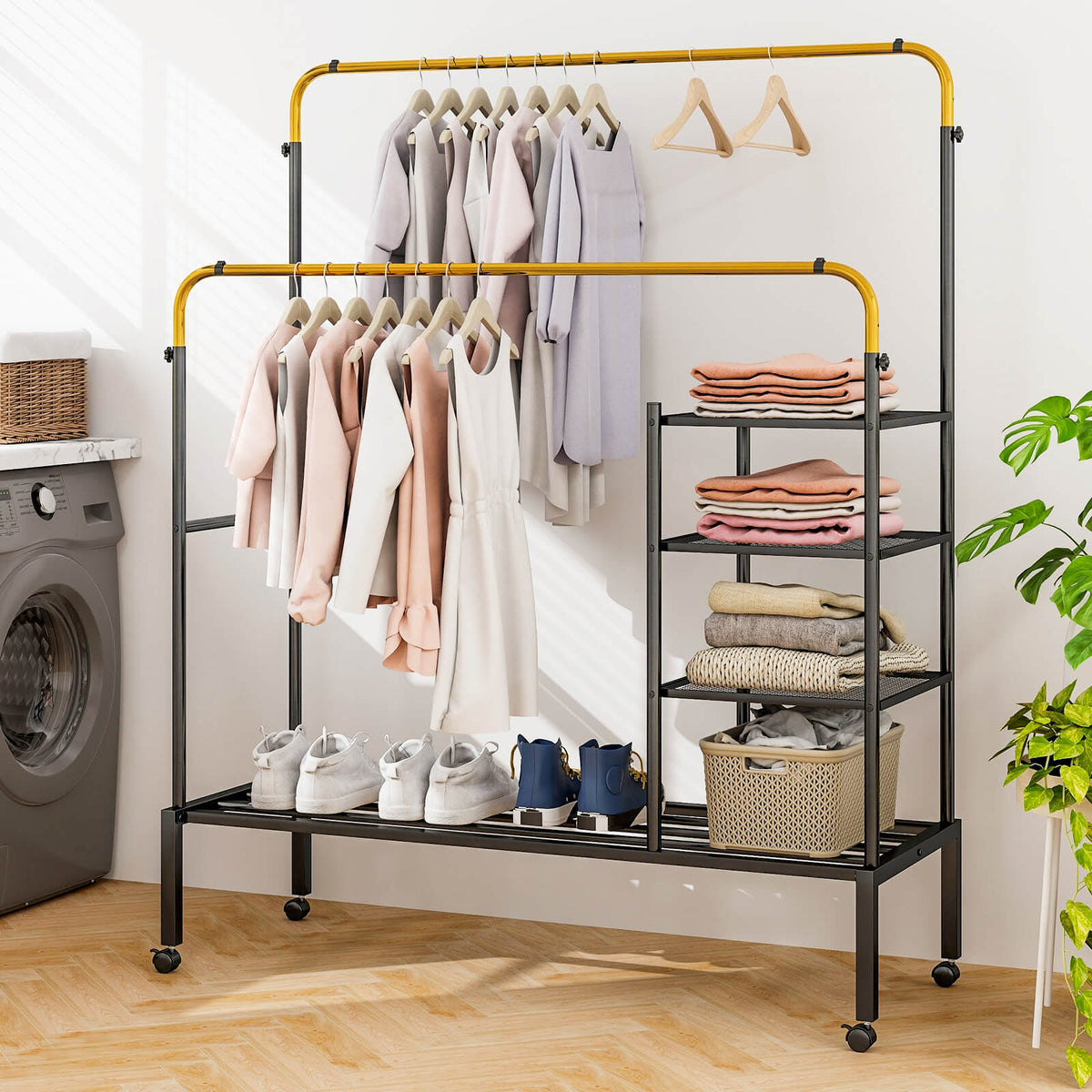 Rolling Clothes Drying Rack with 2 Adjustable Hanging Bars-Black & Gold