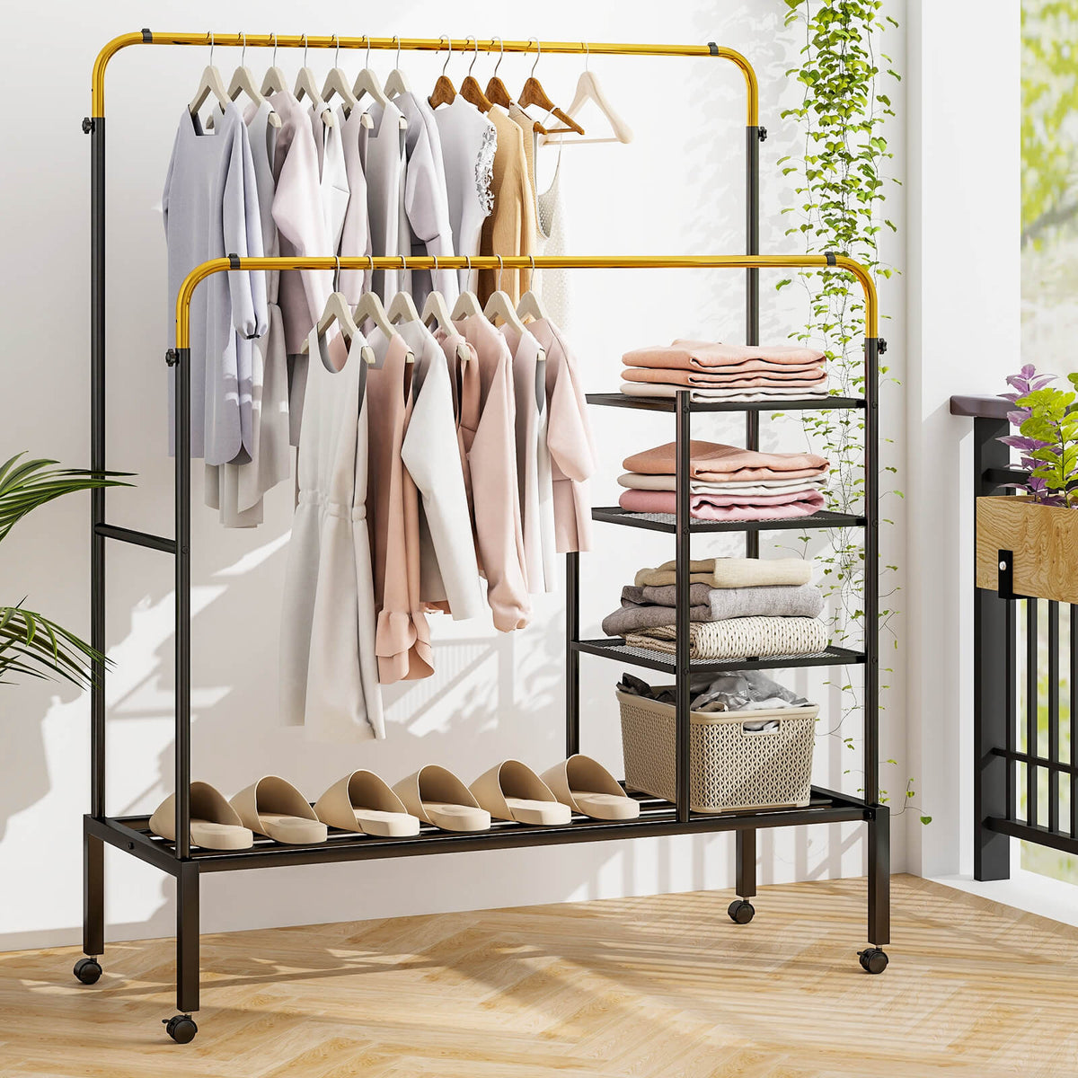 Rolling Clothes Drying Rack with 2 Adjustable Hanging Bars-Black & Gold