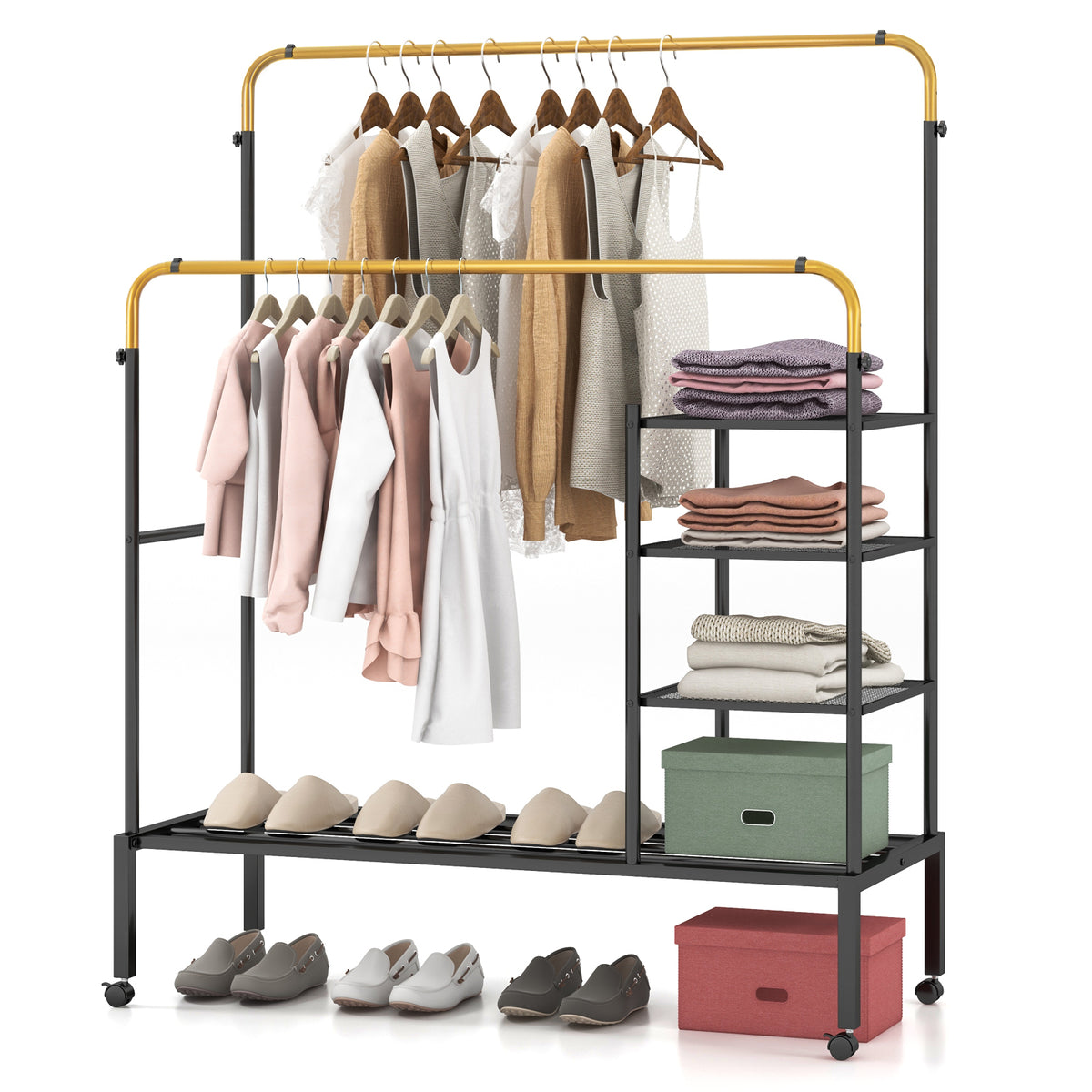 Rolling Clothes Drying Rack with 2 Adjustable Hanging Bars-Black & Gold