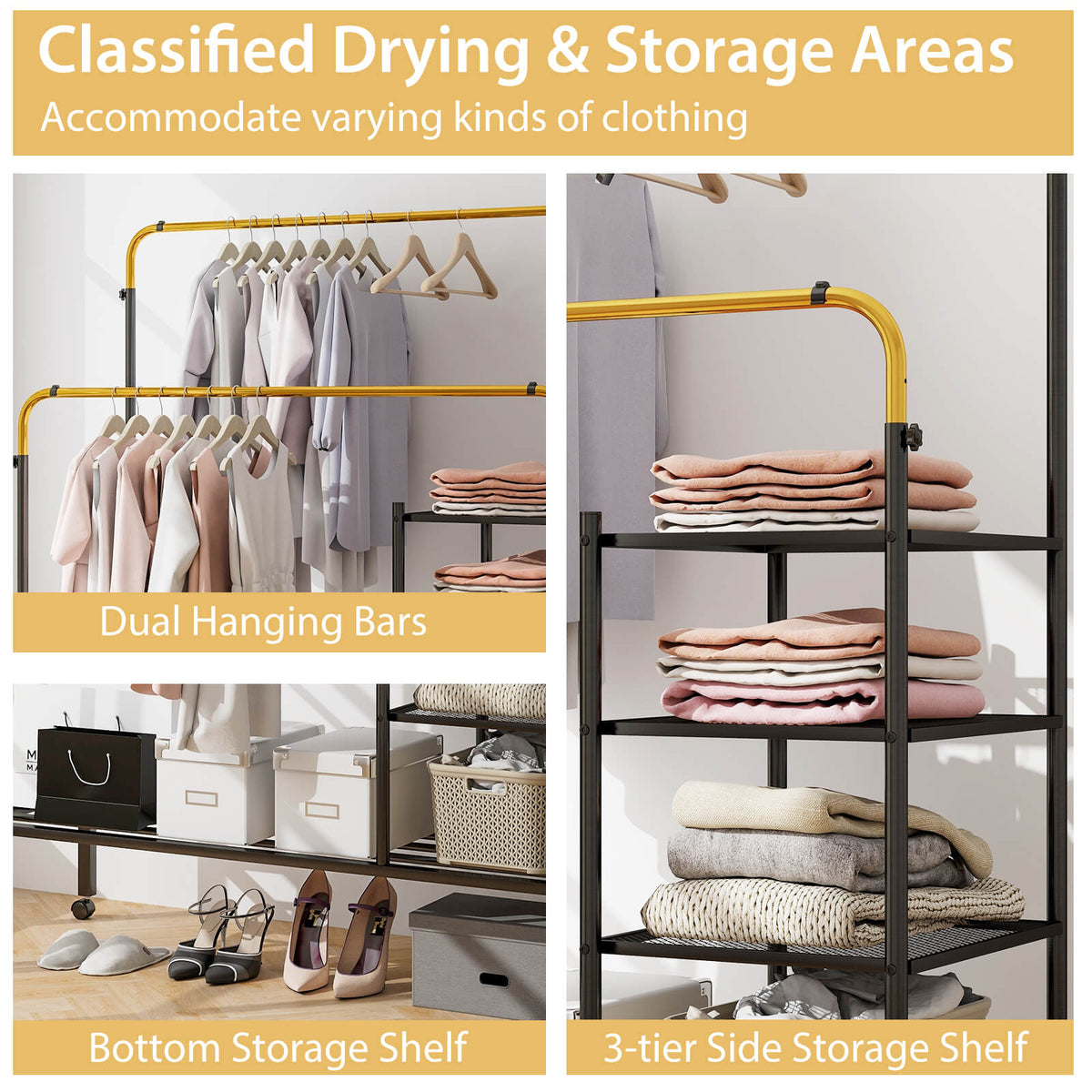 Rolling Clothes Drying Rack with 2 Adjustable Hanging Bars-Black & Gold