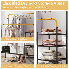 Rolling Clothes Drying Rack with 2 Adjustable Hanging Bars-Black & Gold