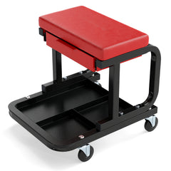 Red rolling creeper seat with a black frame and storage trays, shown from a low angle