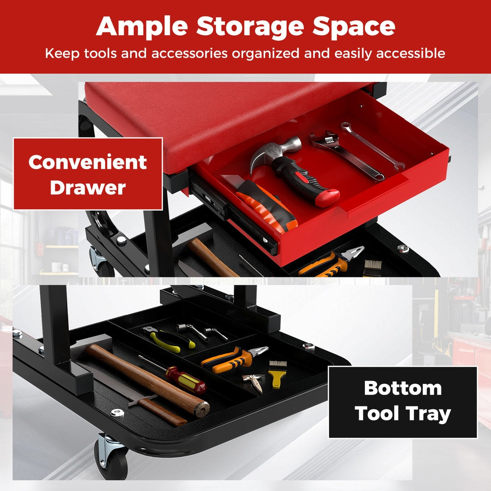 Close-up of the rolling creeper seat showing ample storage space in the drawer and bottom tray