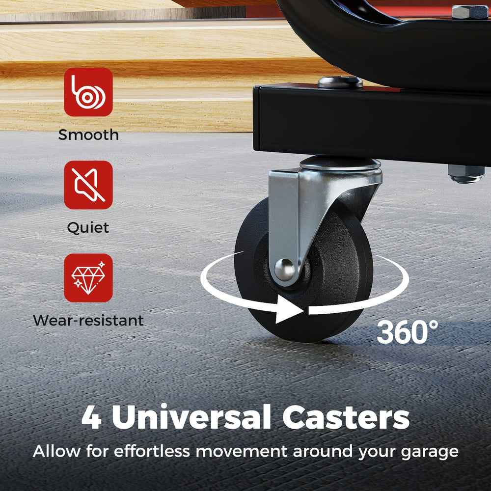 Close-up of the four universal casters on the rolling creeper seat, highlighting smooth movement
