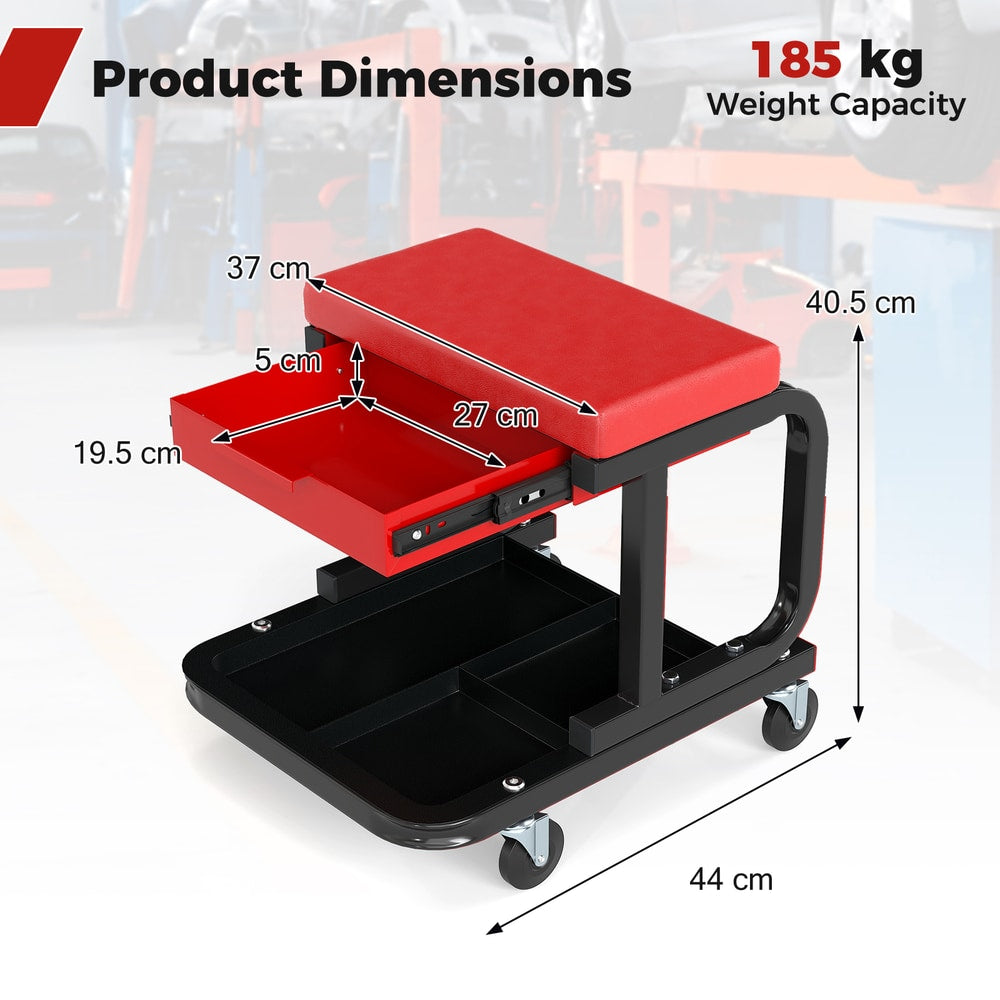 Product dimensions diagram for the rolling creeper seat, showing height and width