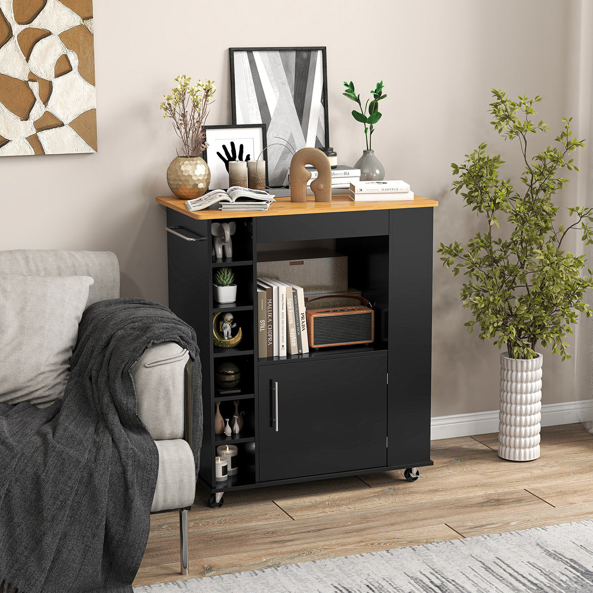 Rolling Kitchen Island with Storage and Towel Rack-Black