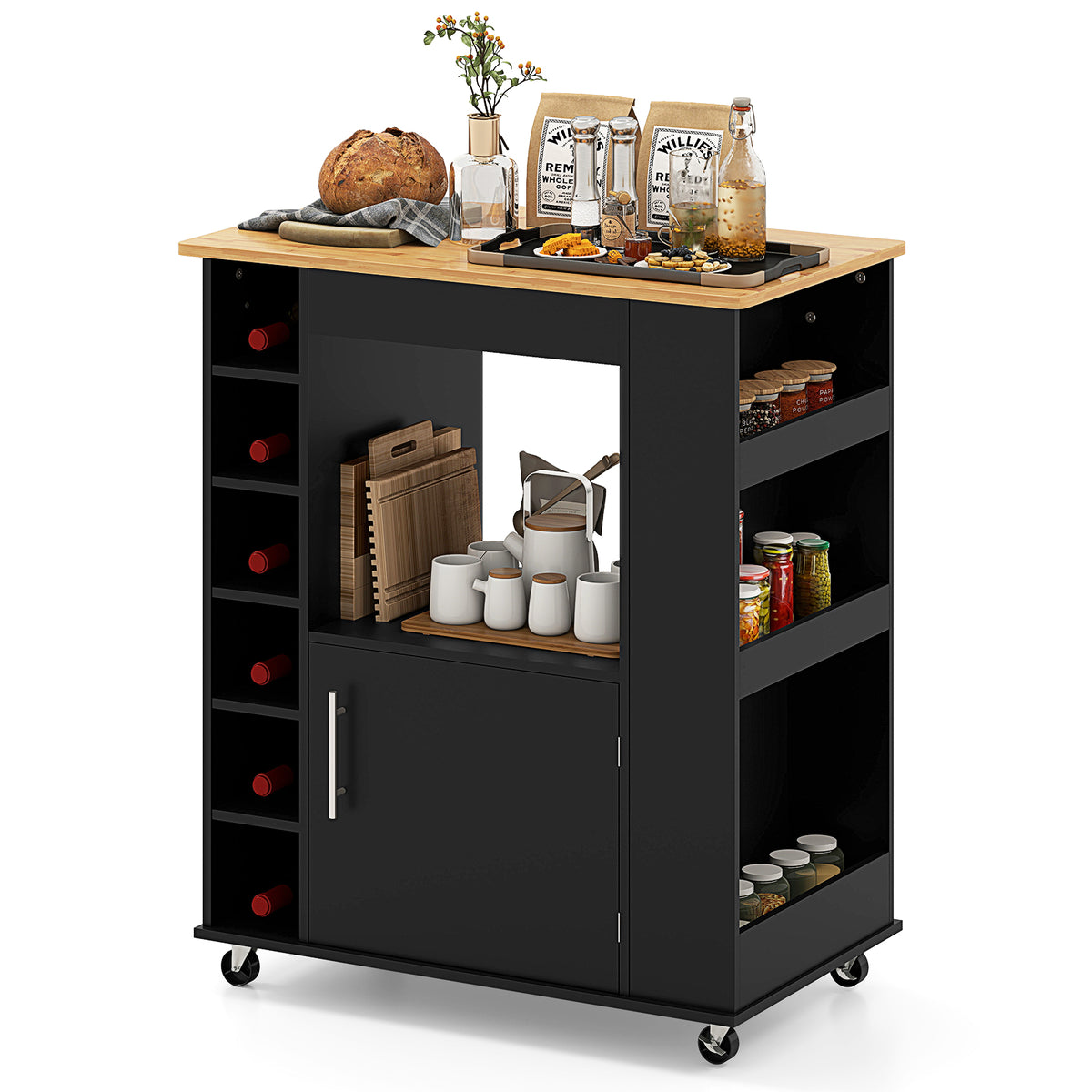 Rolling Kitchen Island with Storage and Towel Rack-Black