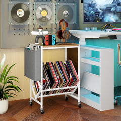 Rolling Record Player Stand with Vinyl Storage and Magazine Holder-Natural