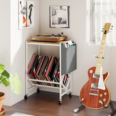 Rolling Record Player Stand with Vinyl Storage and Magazine Holder-Natural