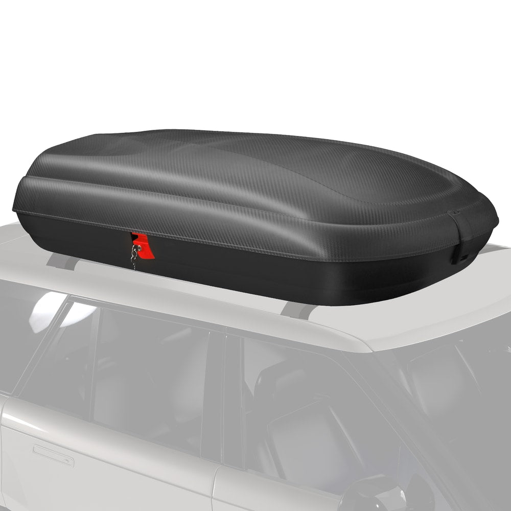 The rooftop cargo carrier mounted on a white SUV, viewed from the side