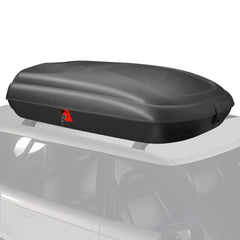 The rooftop cargo carrier mounted on a white SUV, viewed from the side
