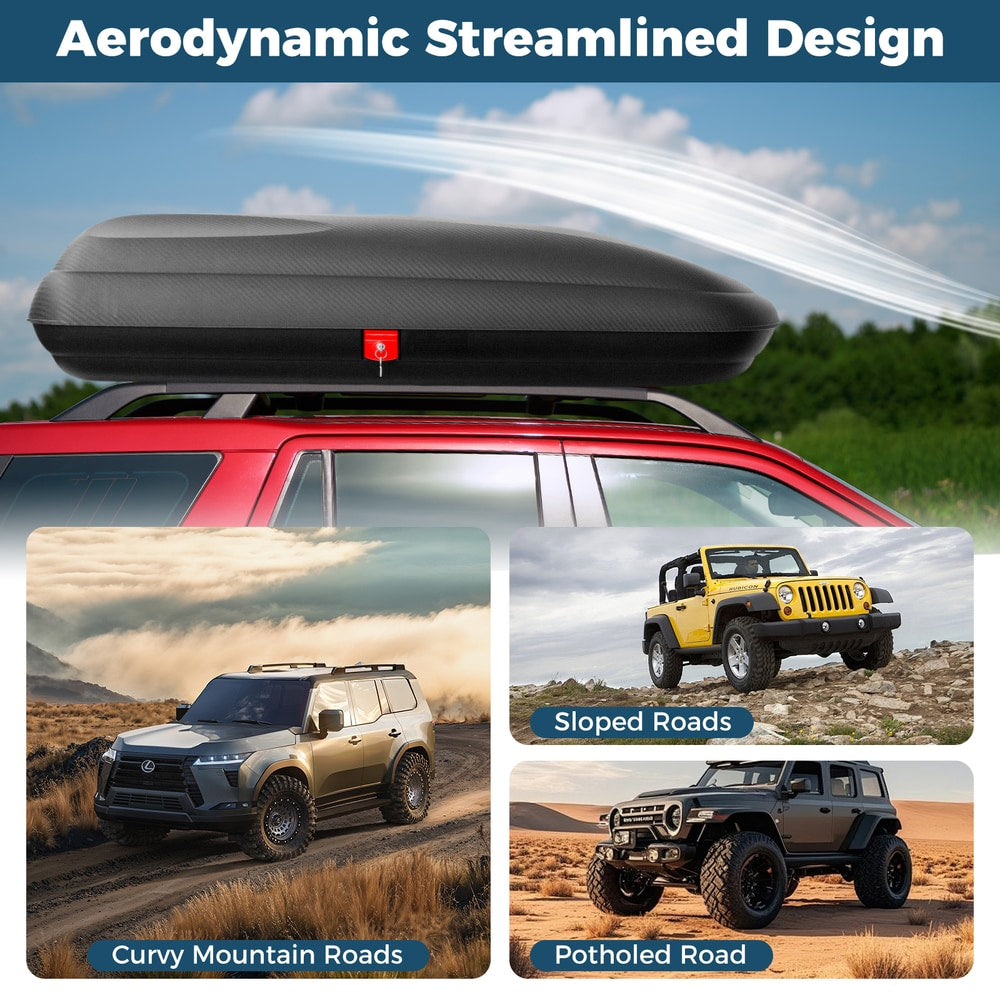 Aerodynamic design of the rooftop cargo carrier shown on different terrains