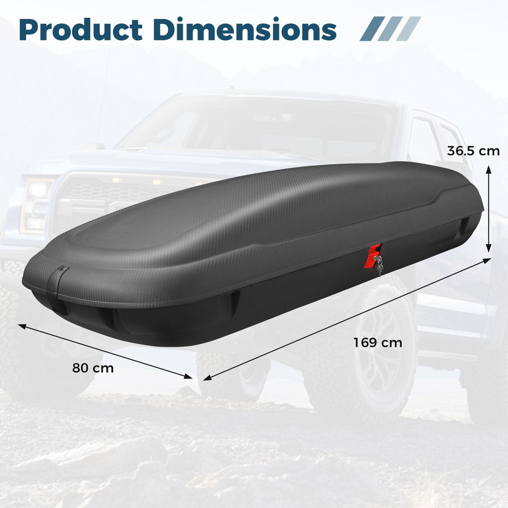 Product dimensions diagram showing the rooftop cargo carrier on a vehicle