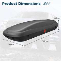 Product dimensions diagram showing the rooftop cargo carrier on a vehicle