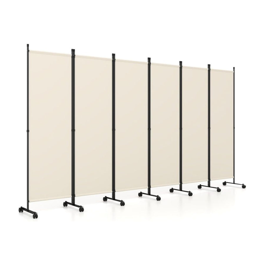 Room Divider 6-Panel Folding Privacy Screen with Lockable Rolling Wheels-Beige