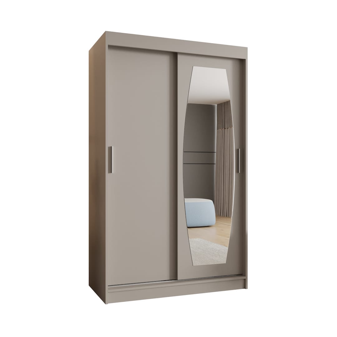 The Rossa sliding door wardrobe 120cm in a light grey finish with a mirrored door